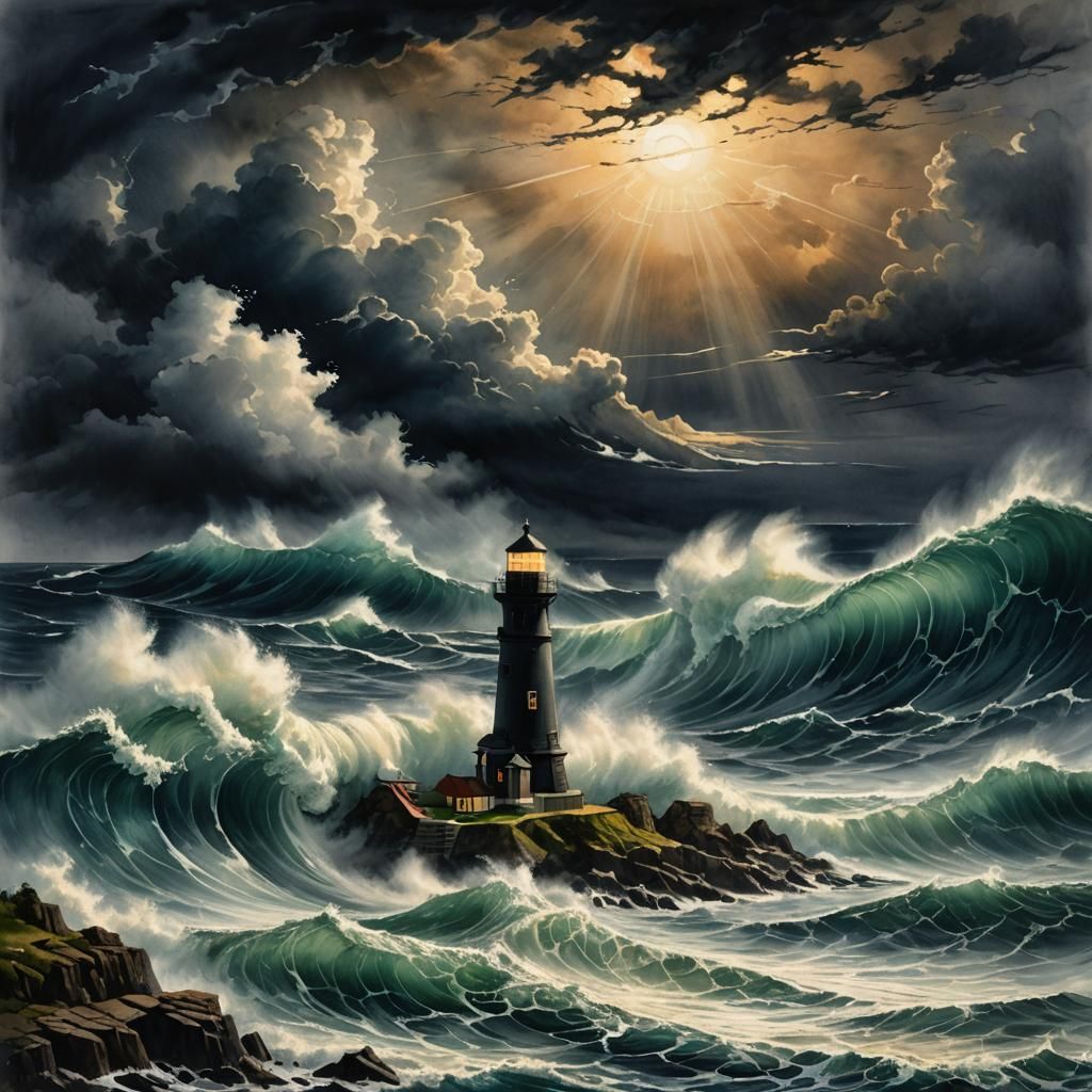 Watercolor Tsunami Against Cityscape in Sunlight