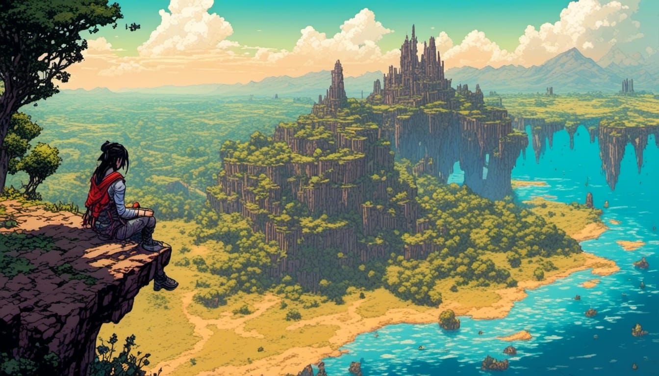 Woman Overlooking Futuristic Ruined City in Comic Style