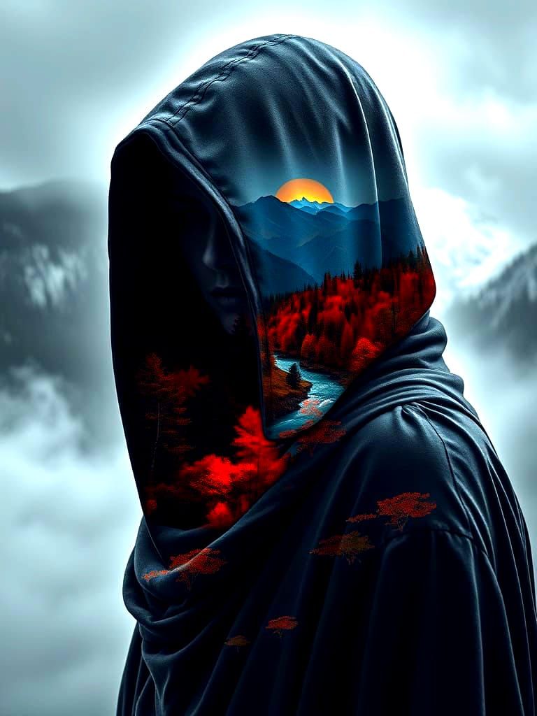 Mysterious Hooded Woman with Double Exposure Cloak