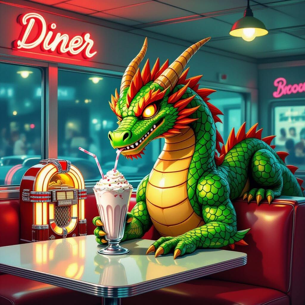 Emerald Dragon in 1950s Diner, Pulp Art
