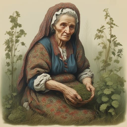 Baba Gathering Herbs in a Sunny Meadow