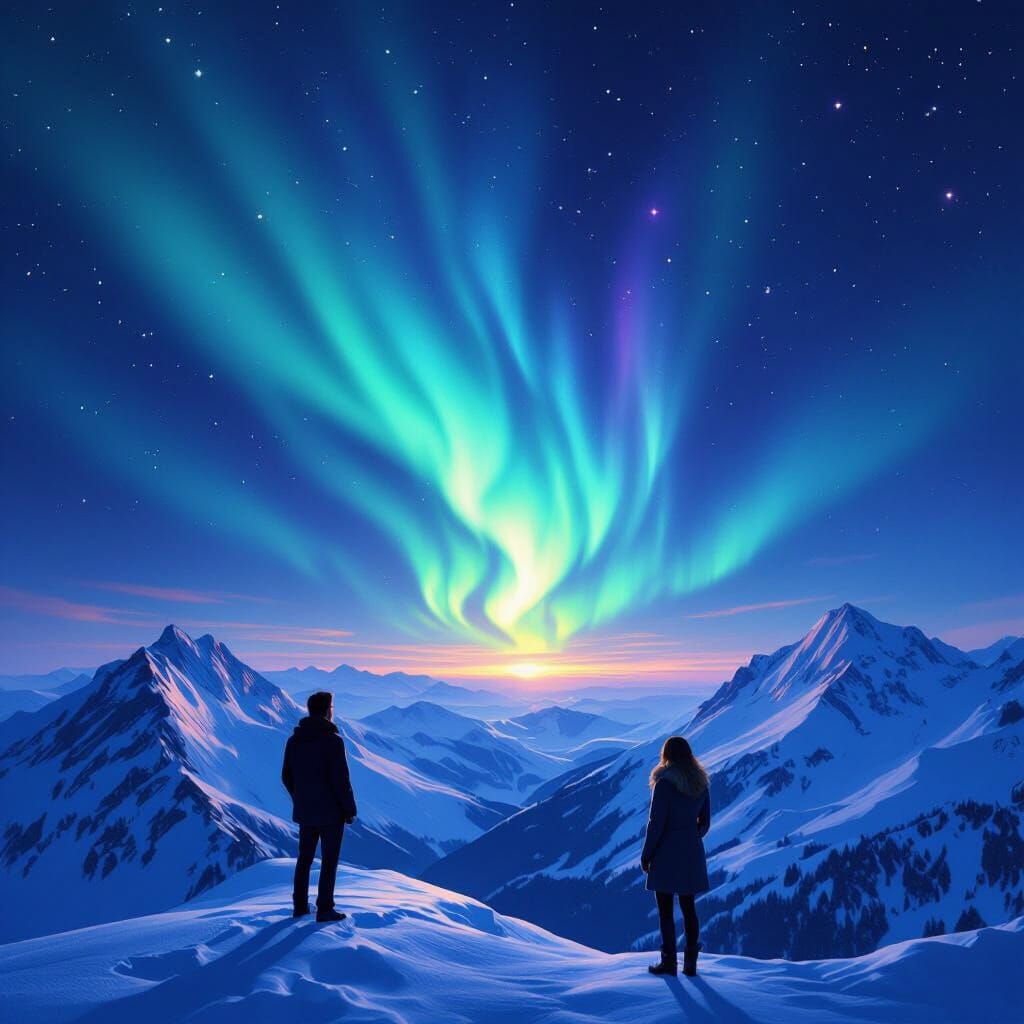 Couple Watches Swirling Aurora Over Snowy Peaks