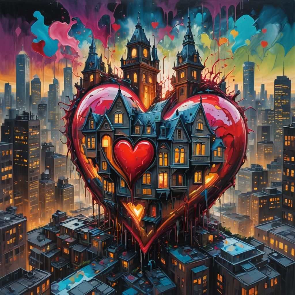 Surreal Mansion with Glowing Heart in Expressionist Style