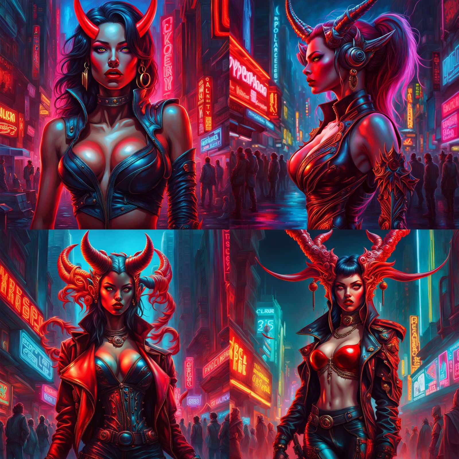 Cyberpunk Demon Girl in Neon Cityscape