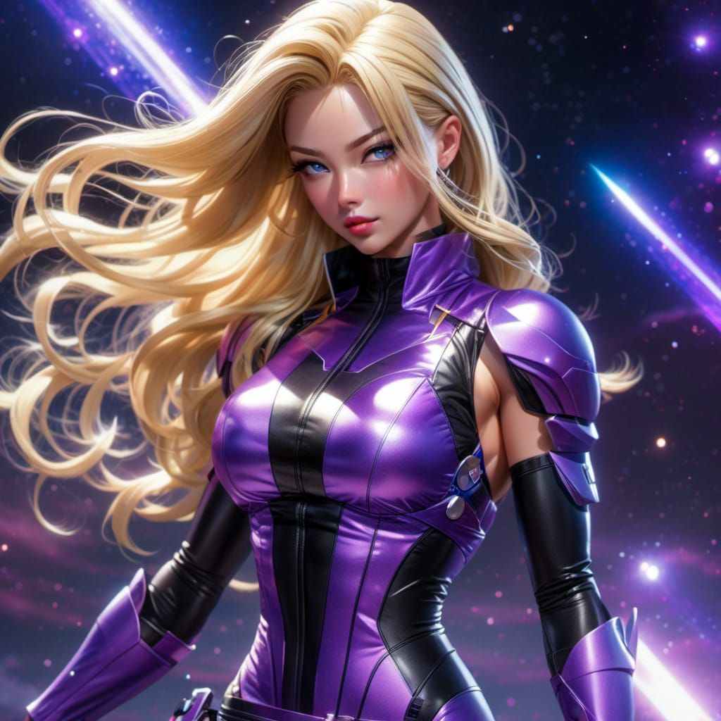 Stunning Blonde Drifting Through Nebula in Neon Outfit