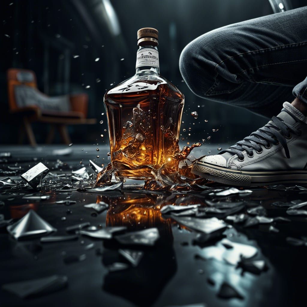 Whisky Bottle Shattering: Detailed Black and White Photo