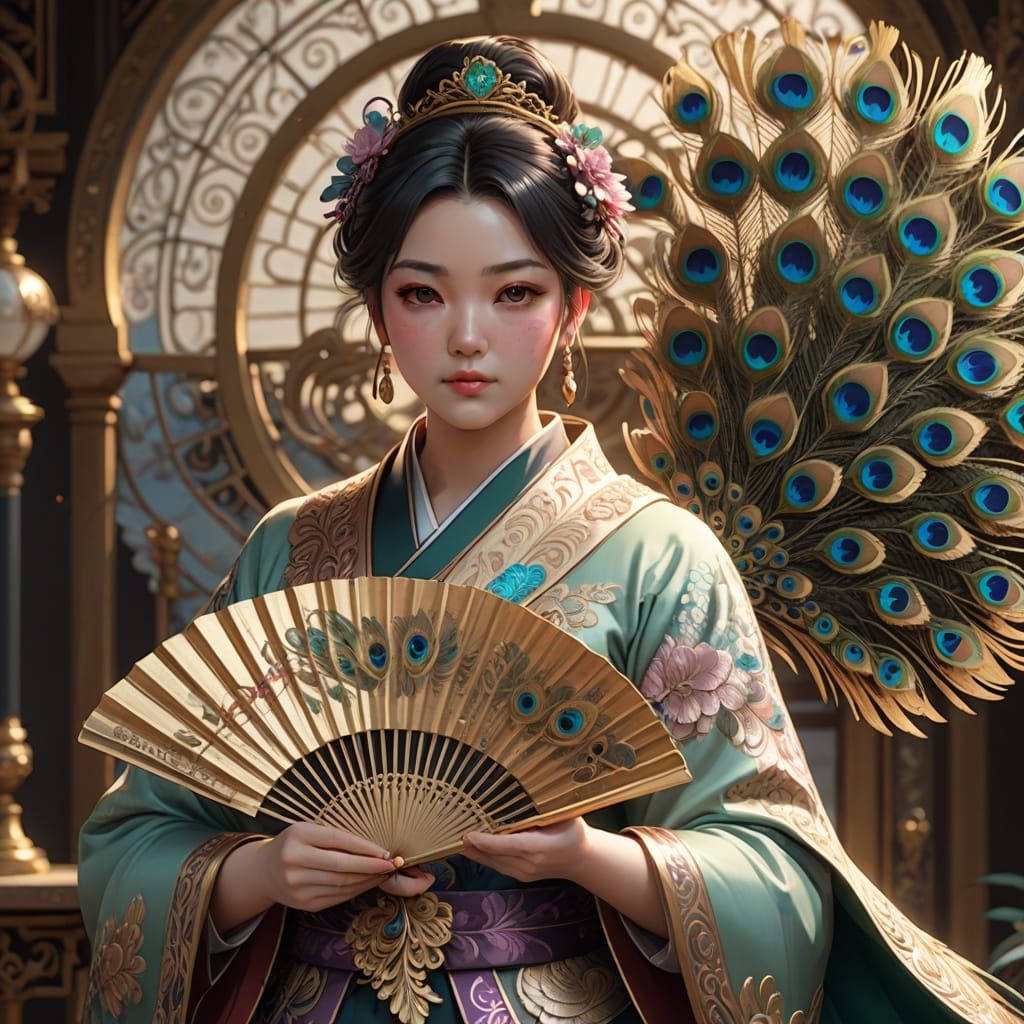 Anime Woman with Peacock Fan in 3D Style