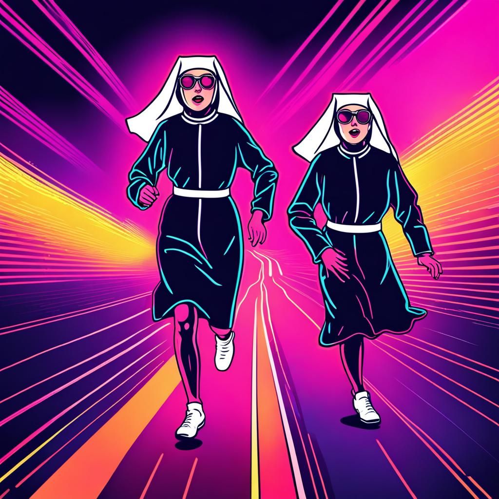 Nuns Race on Track in Synthwave Neon Style