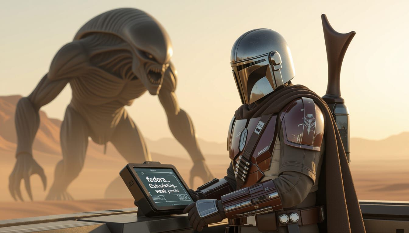 Mandalorian Confronts Alien Creature in Cinematic Scene