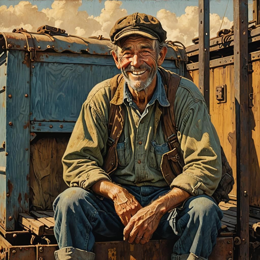Grinning Hobo Rides Boxcar in Retro American Realism