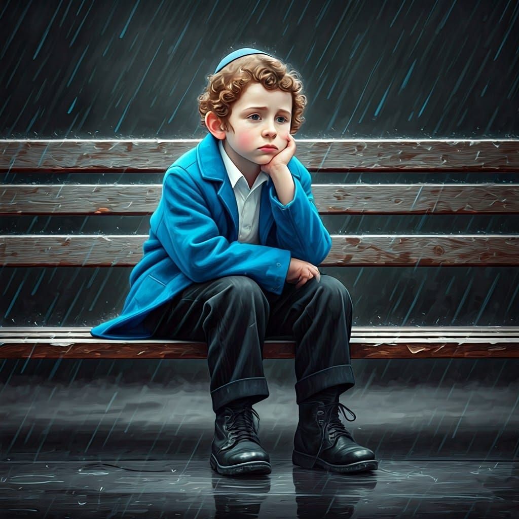 Contemplative Young Hasidic Boy in Monochrome Landscape