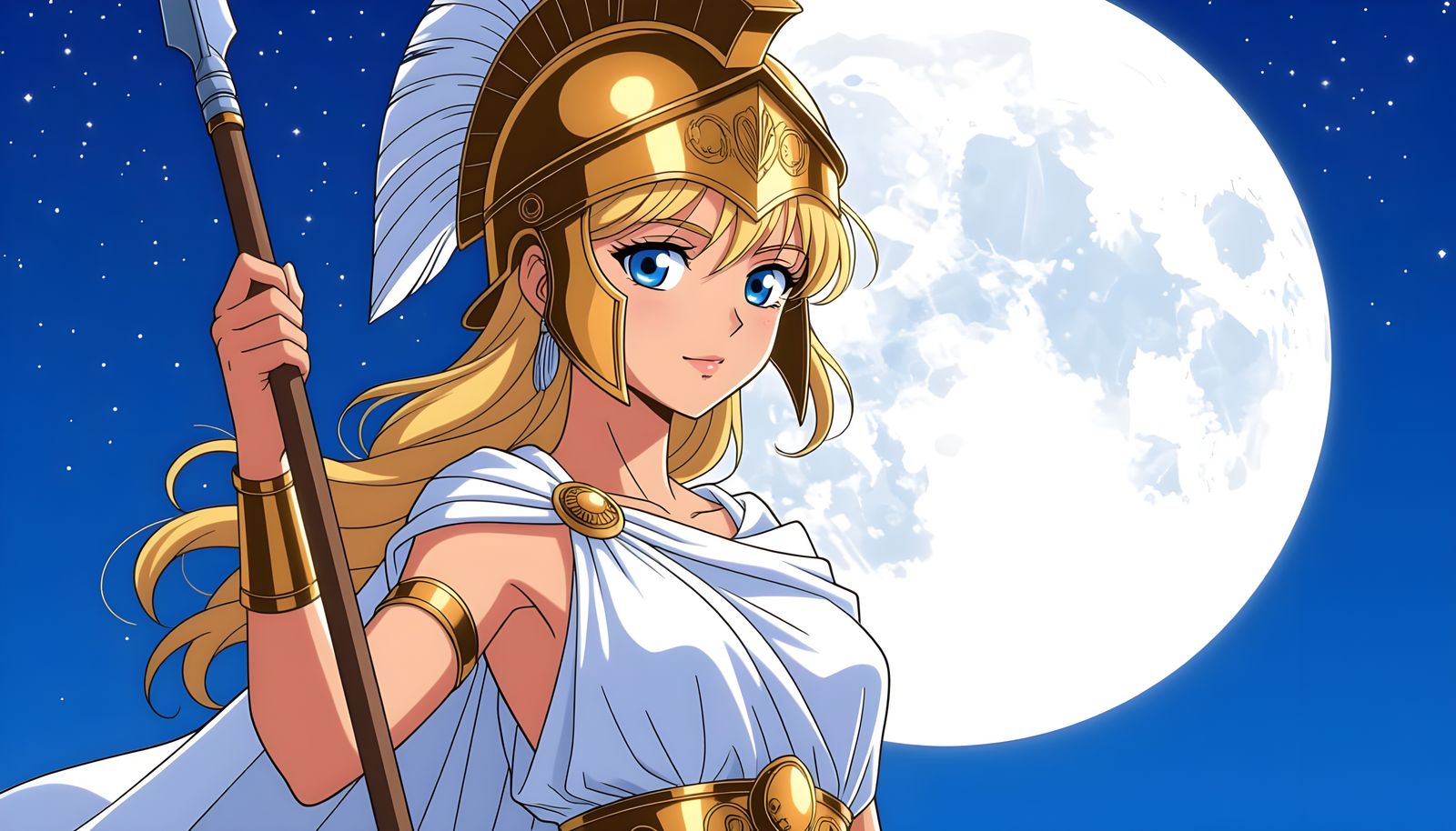 Anime Greek Warrior Woman With Spear Under Moon