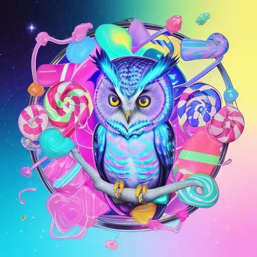 Electric Owl-Cat in Starry Tie-Dye Candyland