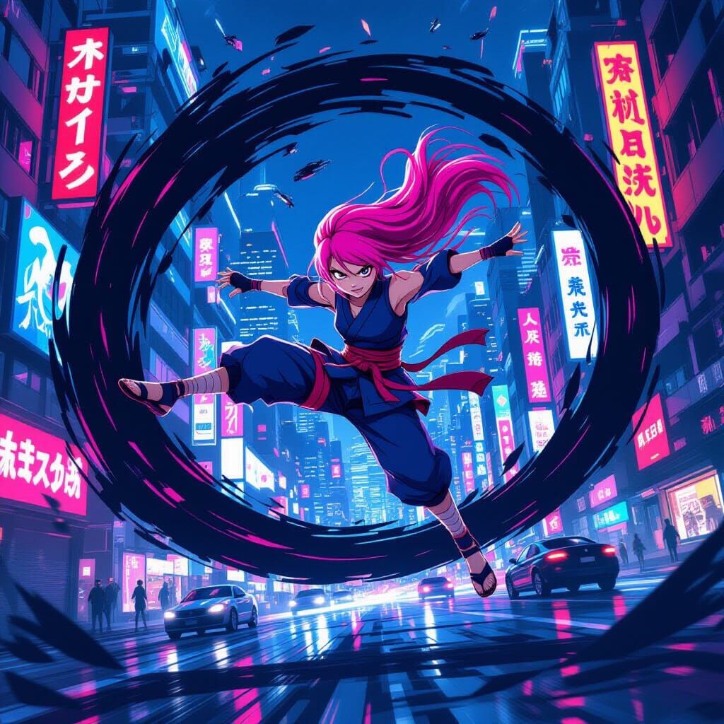Anime Ninja Girl Fights Shadow in Futuristic Cityscape