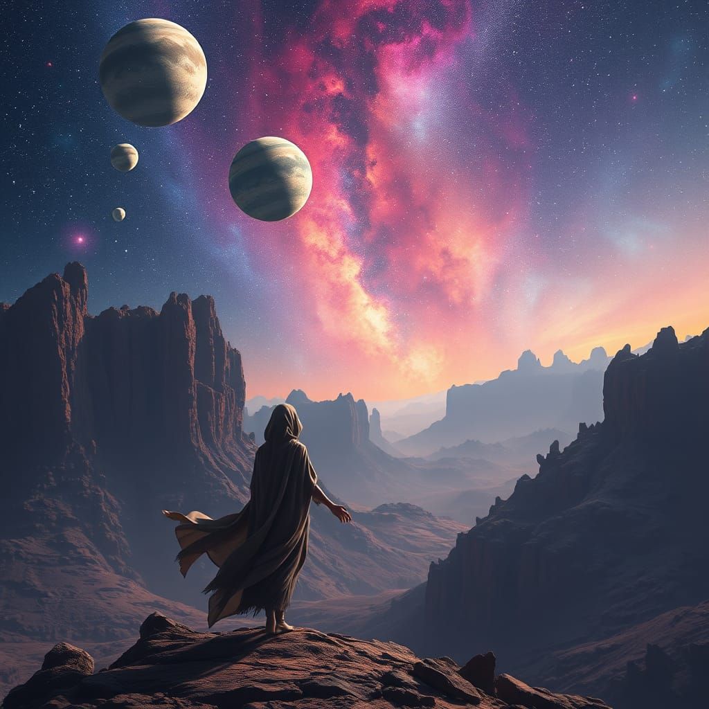 Surreal Alien Landscape with Woman Gazing at Stars