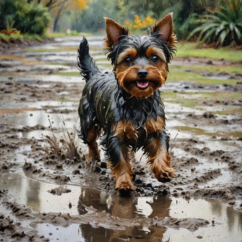 Happy Yorkie Runs in Mud, Impressionist Watercolor