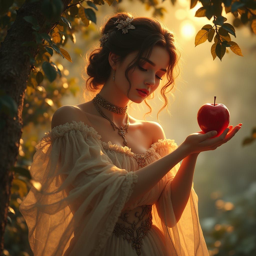 Elegant Lady Holding a Shiny Red Apple in a Dramatic Scene