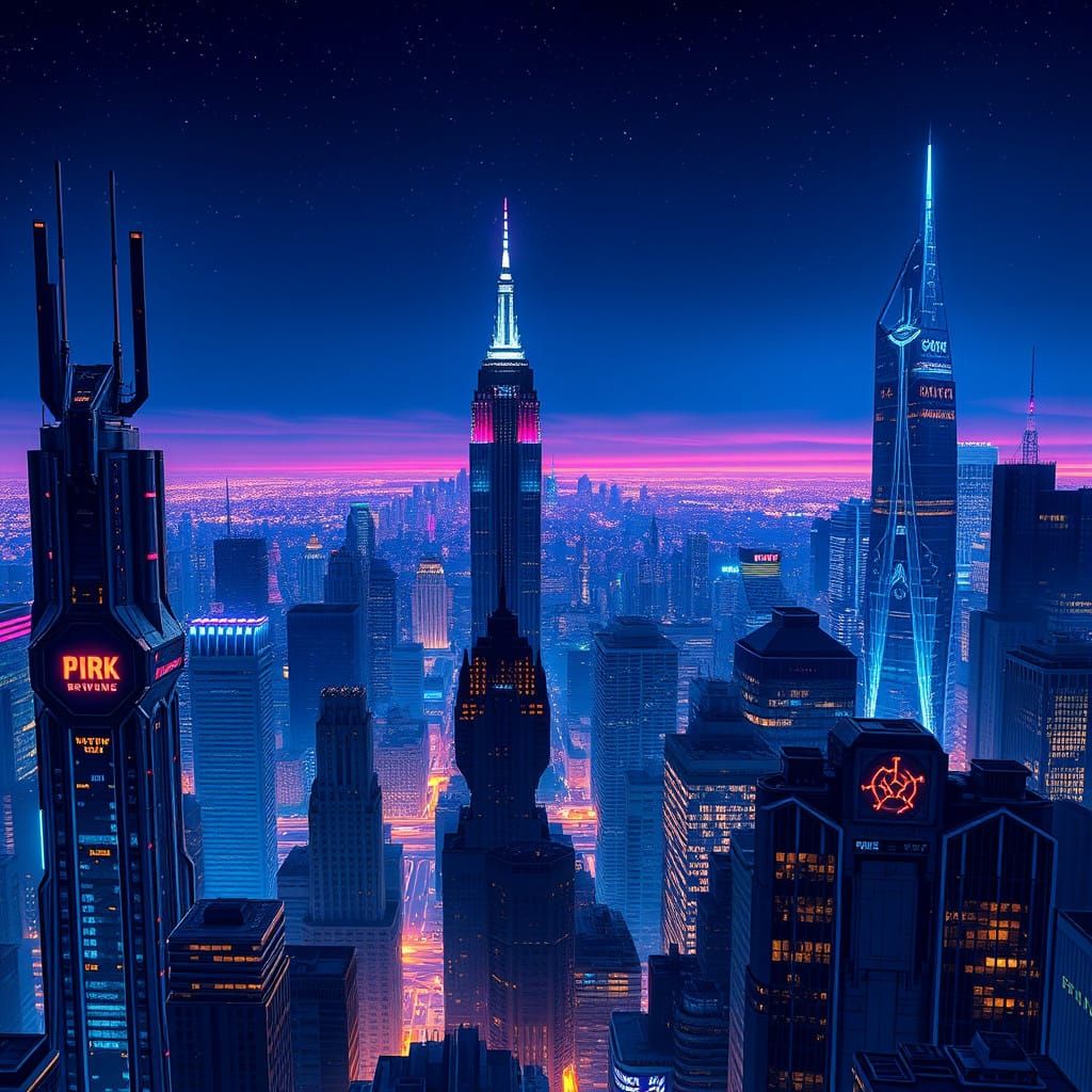Cyberpunk New York Cityscape at Dusk in Blue and Violet