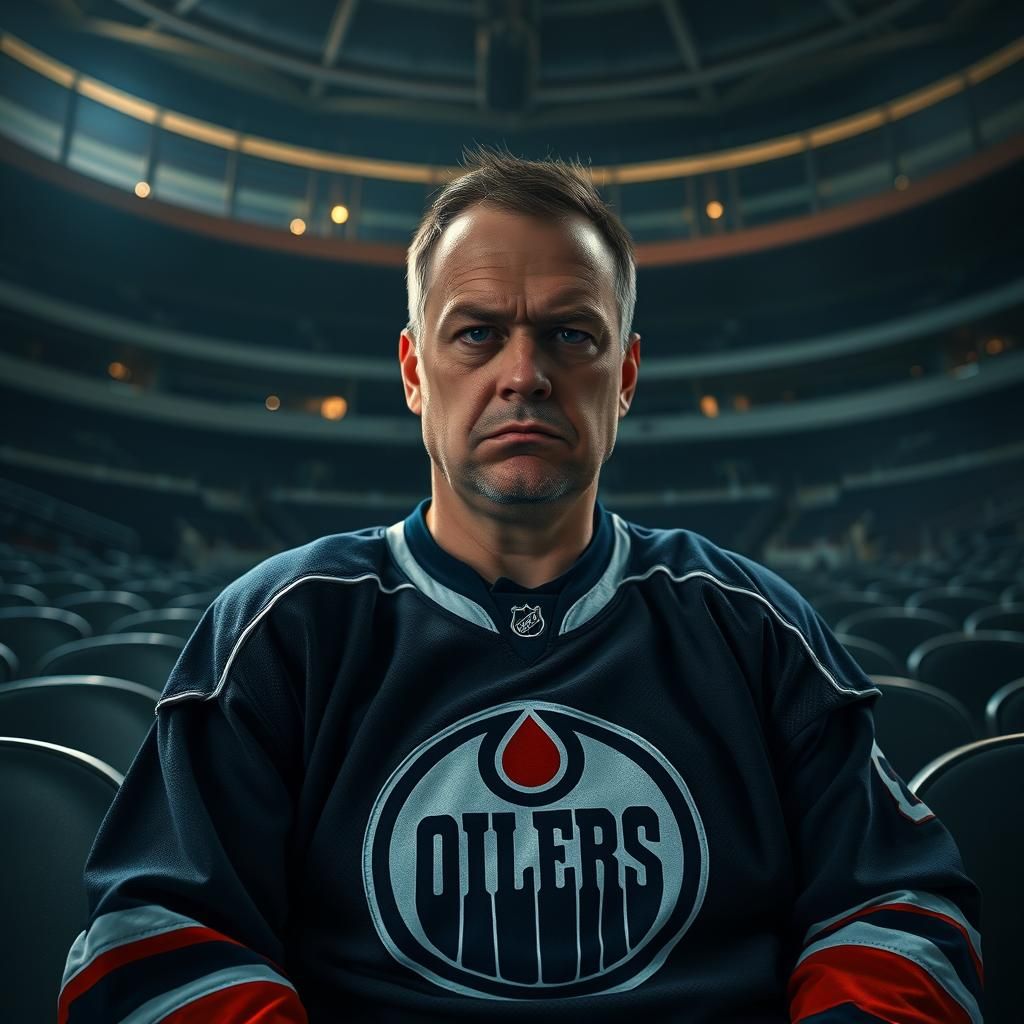 Displeased Hockey Fan in Dimly Lit Stadium