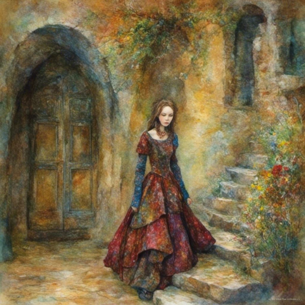 Woman in Medieval Gown with Anti-Color Fume Effect