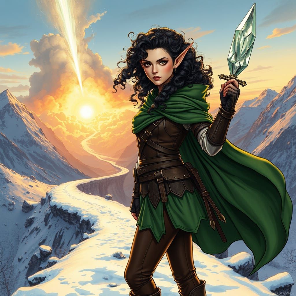 Elf Ranger Woman Unfurls Heavenly Vision Beside Snowy Mounta...