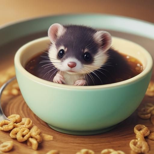 Miniature Ferret's Cheerios Swim: Photorealistic Macro