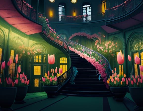 Surreal Mansion Greenhouse Staircase with Feathered Creature...