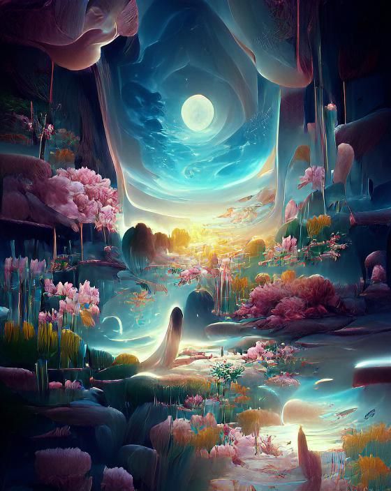 Astral Cherry Blossom Landscape in Digital Painting Style