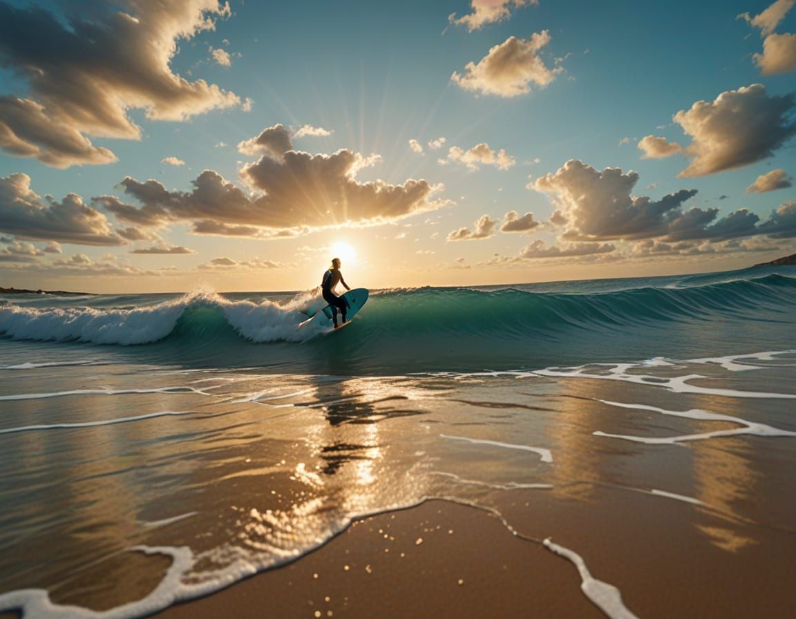 Surfer Rides Turquoise Wave in Vibrant Beach Scene