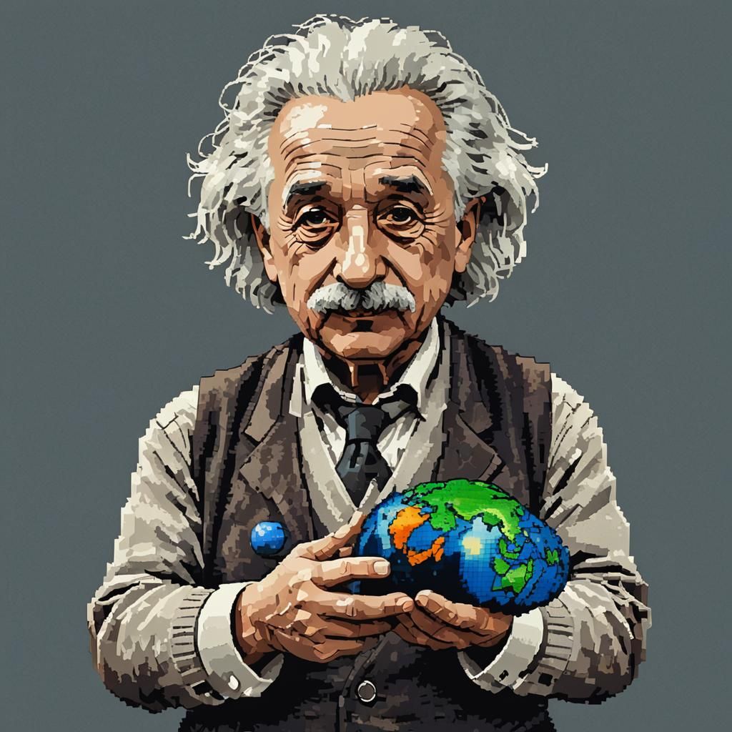 Einstein Holds Earth: A Pixel Art Rendition