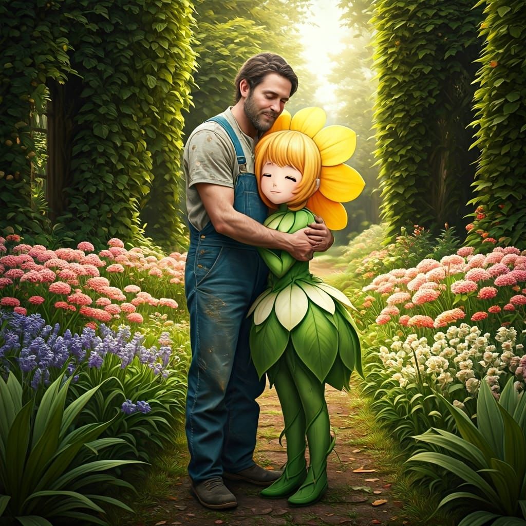 Gardener and Anime Flower Girl in Lush Garden