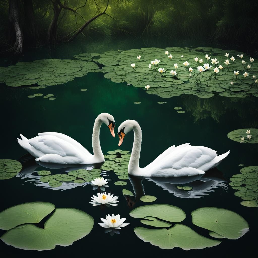 Swans Form Heart on Forest Lake in Dark Green