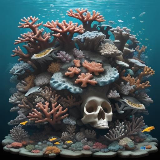 Coral Reef with Skulls: A Macabre Underwater Scene
