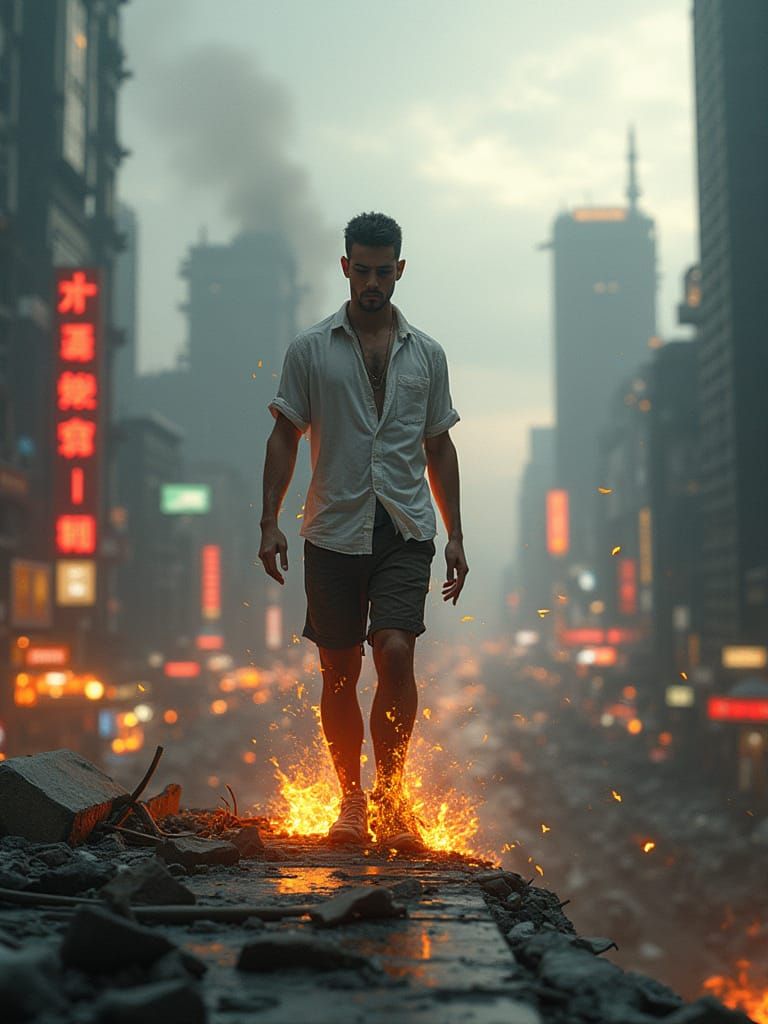 Fiery Figure in Futuristic Cityscape, Hyper-Realistic Scene