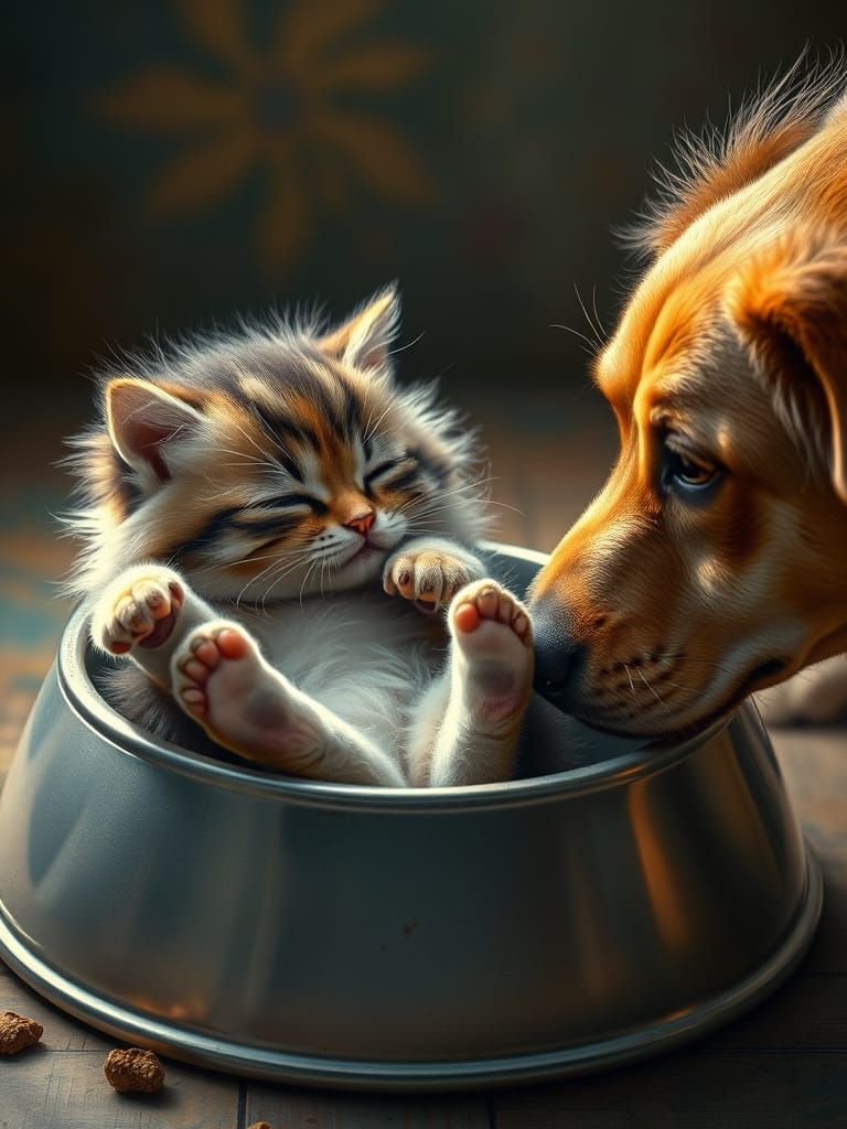 Whimsical Feline Encounter in Hyperrealistic Style