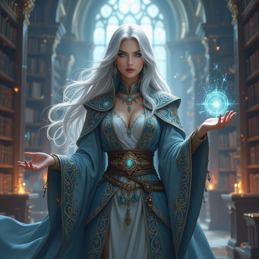 Sorceress in Library with Magical Energy