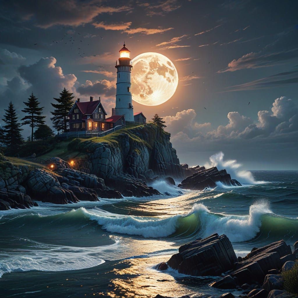 Luminous Lighthouse Under Full Moon