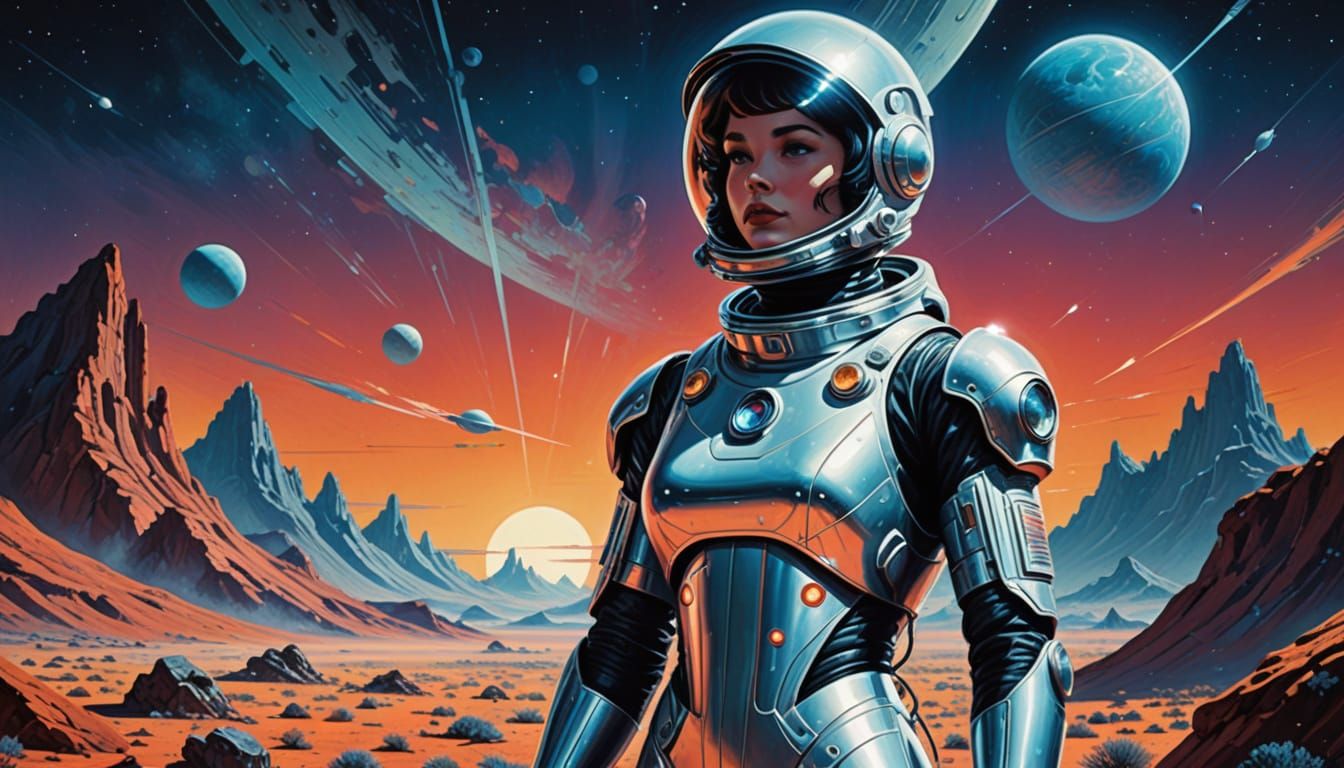 Glamorous Astronaut Poses on Alien Planet in Retro-Futuristi...