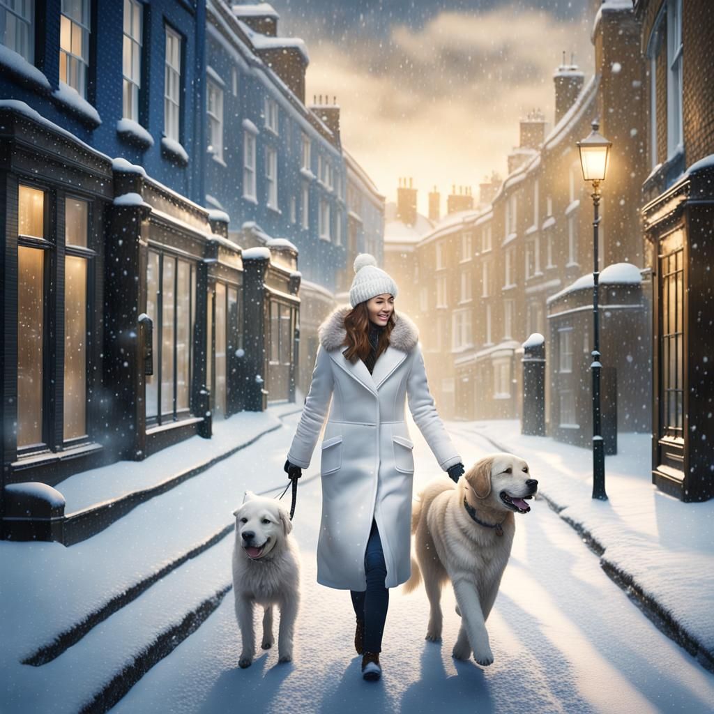 Snowy London Street Scene with Woman and Dog