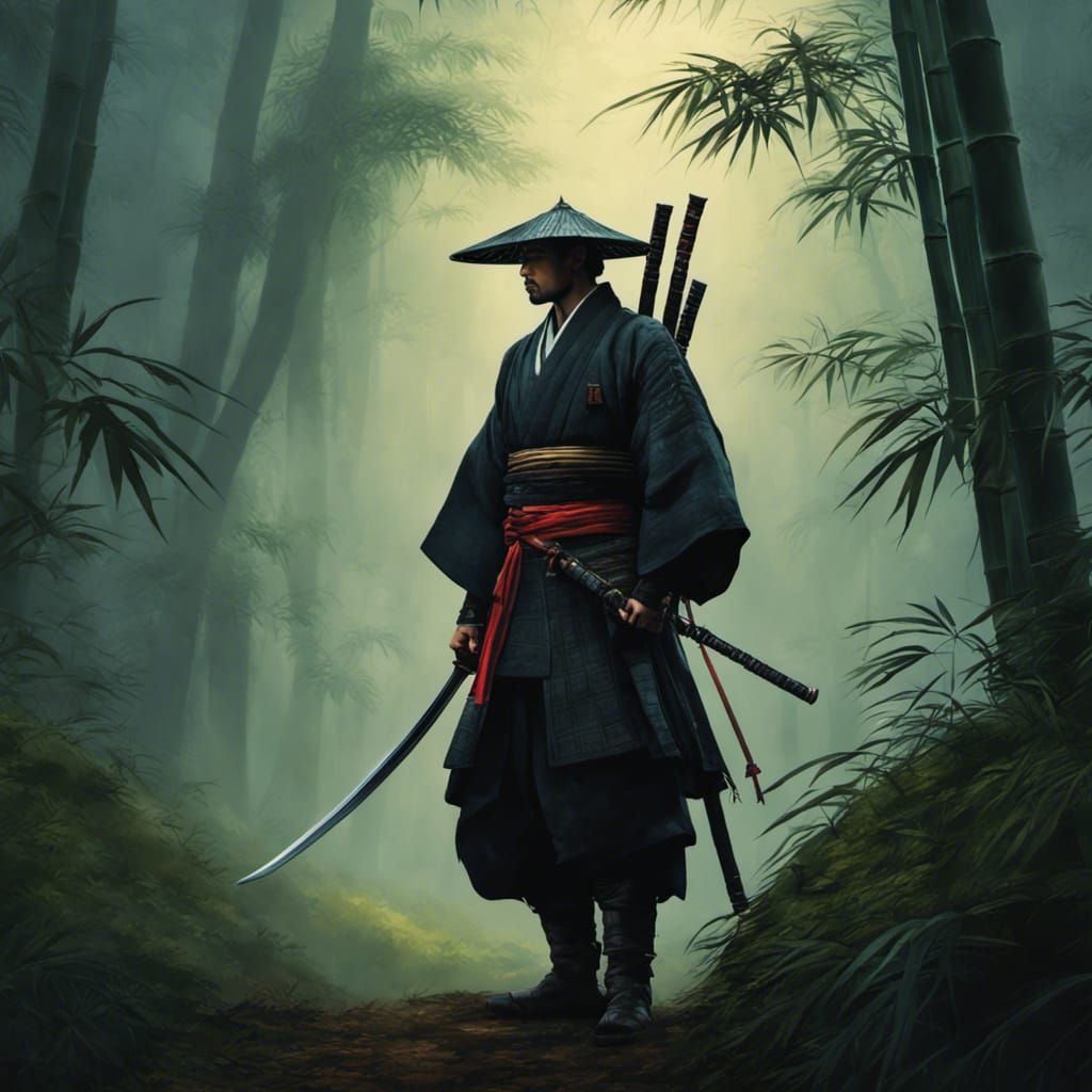 Samurai in Misty Forest: Digital Japanese Art