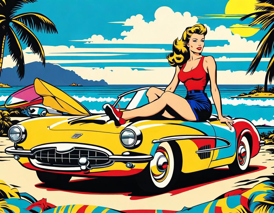 Pin-Up Girl on Convertible in Pop Art Style