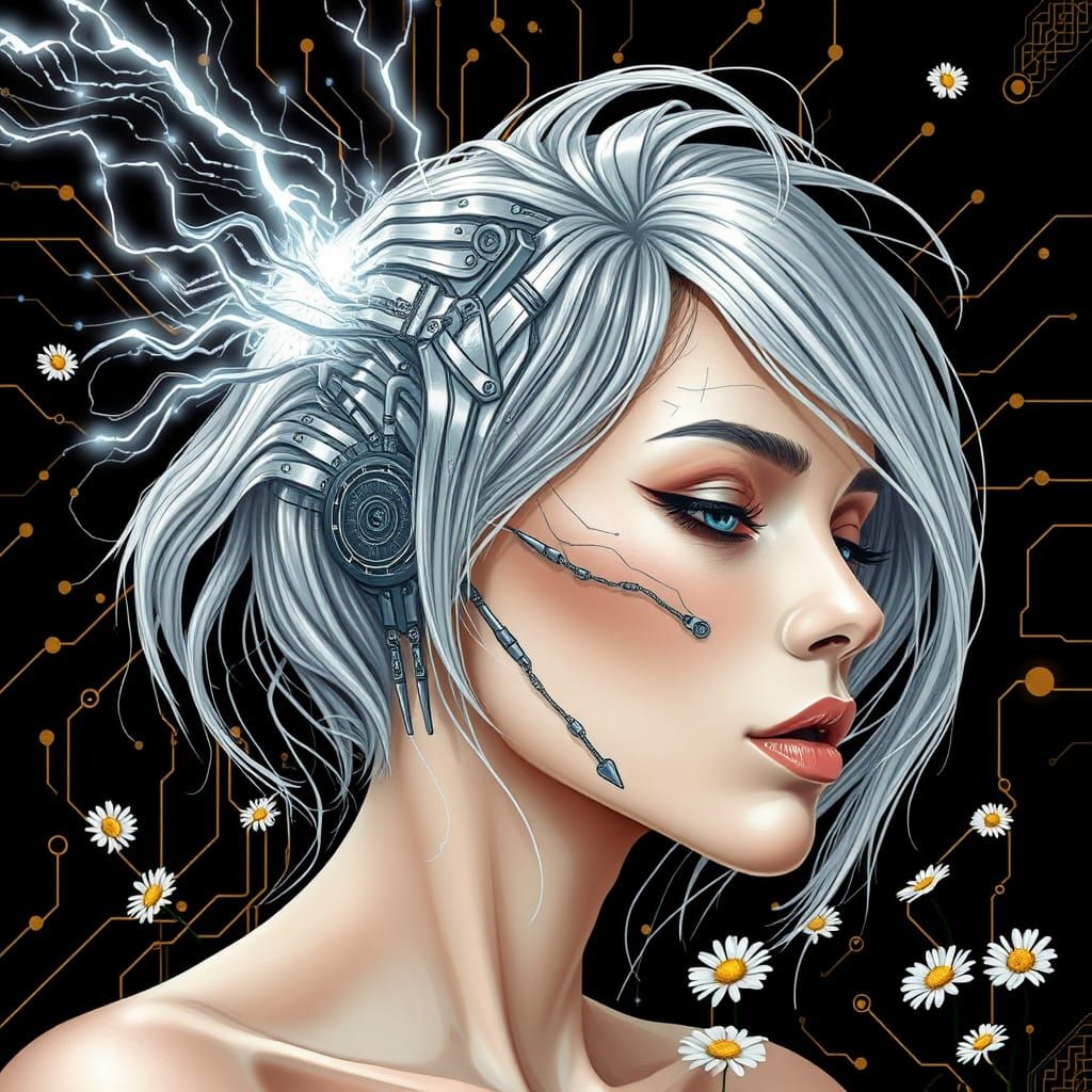 Electrified Woman with Silver Circuitry in Futuristic Style