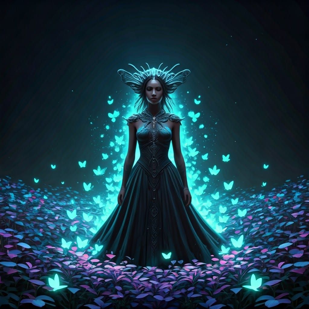 Mystical Woman in Luminous Butterfly Field