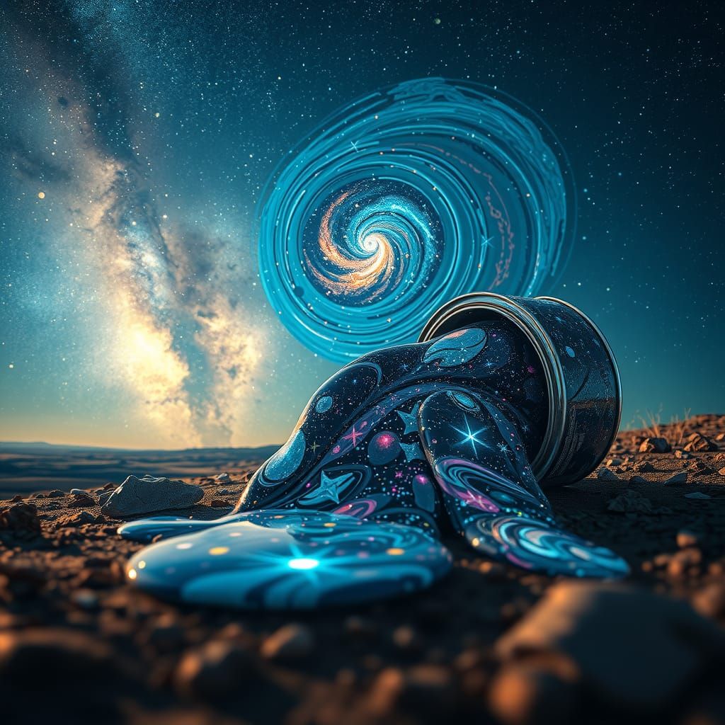 liquid starry night sky in a paint can that has been knocked...
