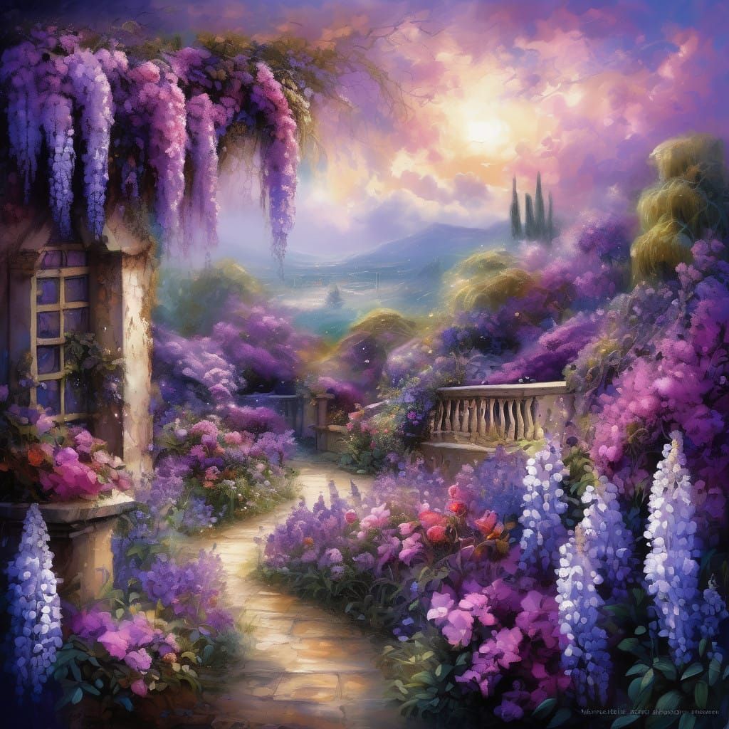 Whimsical Purple Wisteria Garden in Dreamlike Realism
