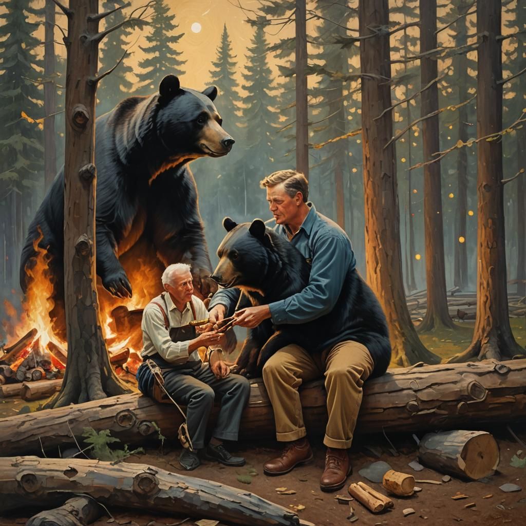 Man and Bear Share Sausages in Rockwell-esque Painting