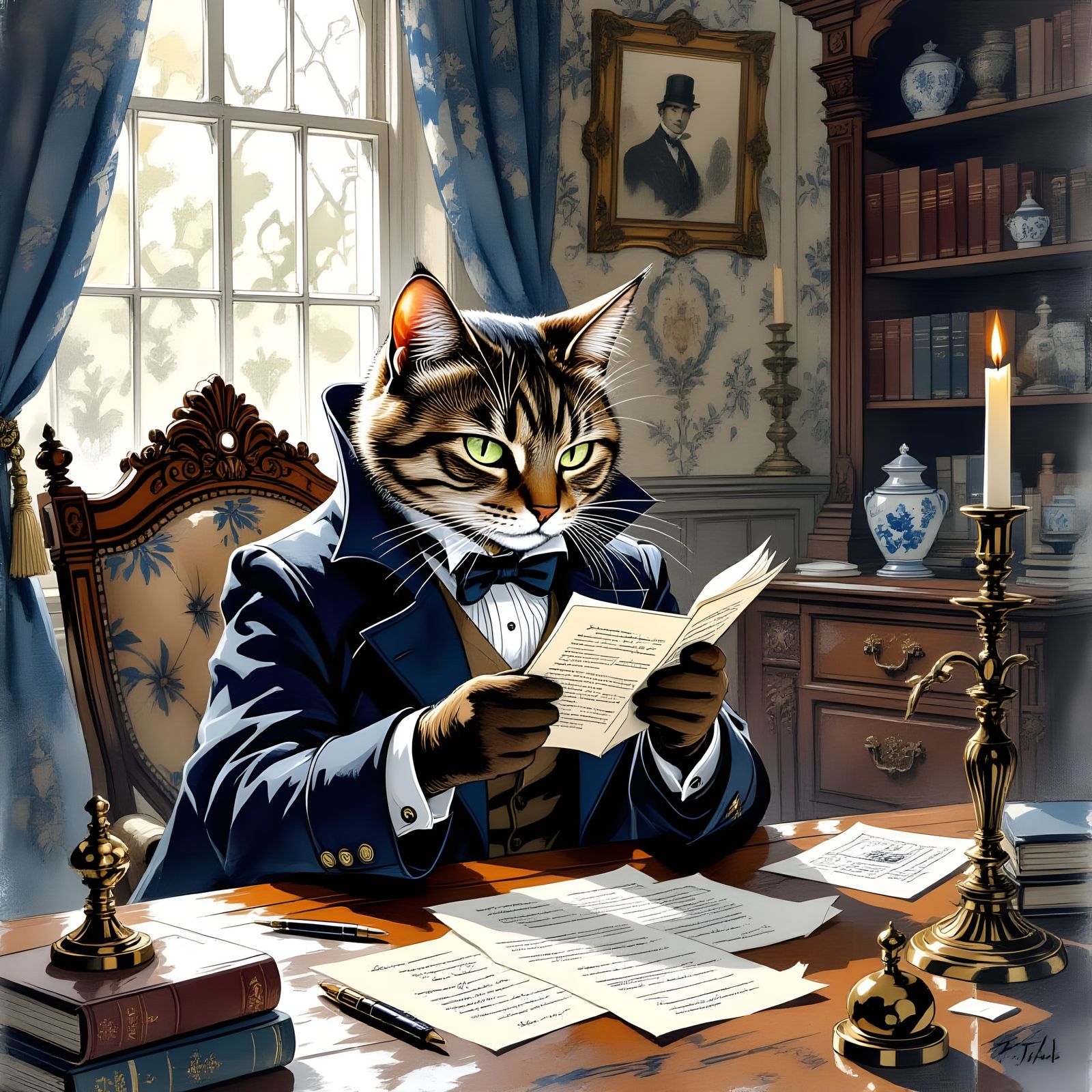 Victorian Cat Detective Investigates Crime Scene in Ink