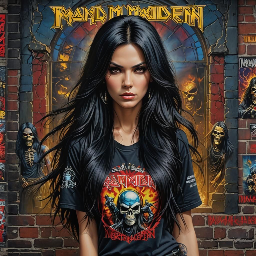 Woman with Iron Maiden Poster in Metalcore Style