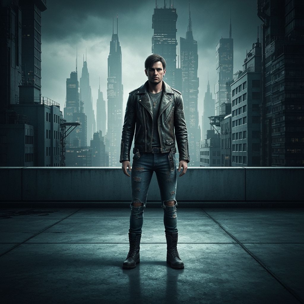 Futuristic Metropolis Rooftop Scene in Noir Style