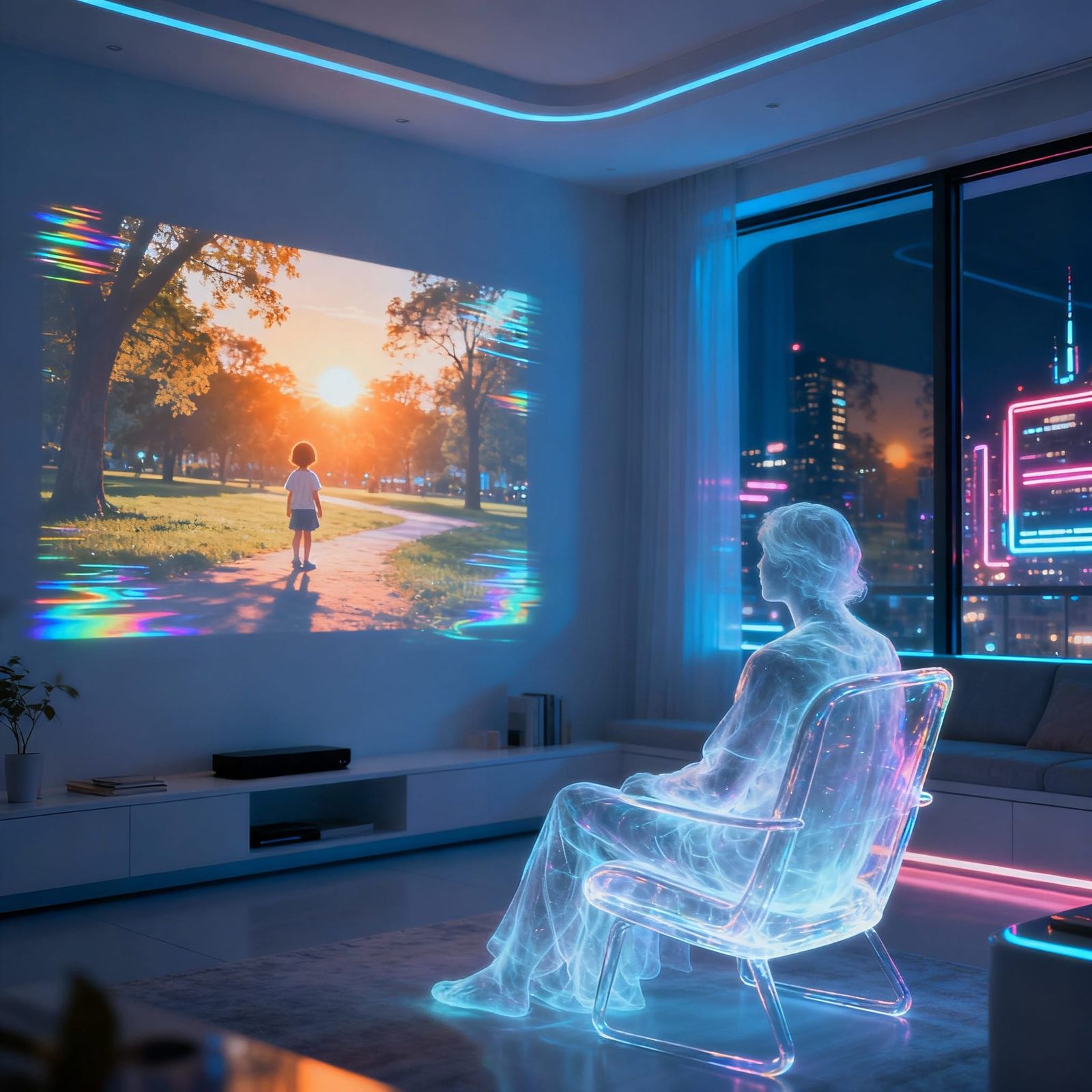 Ghostly Figure Gazes at Holographic Childhood Memory